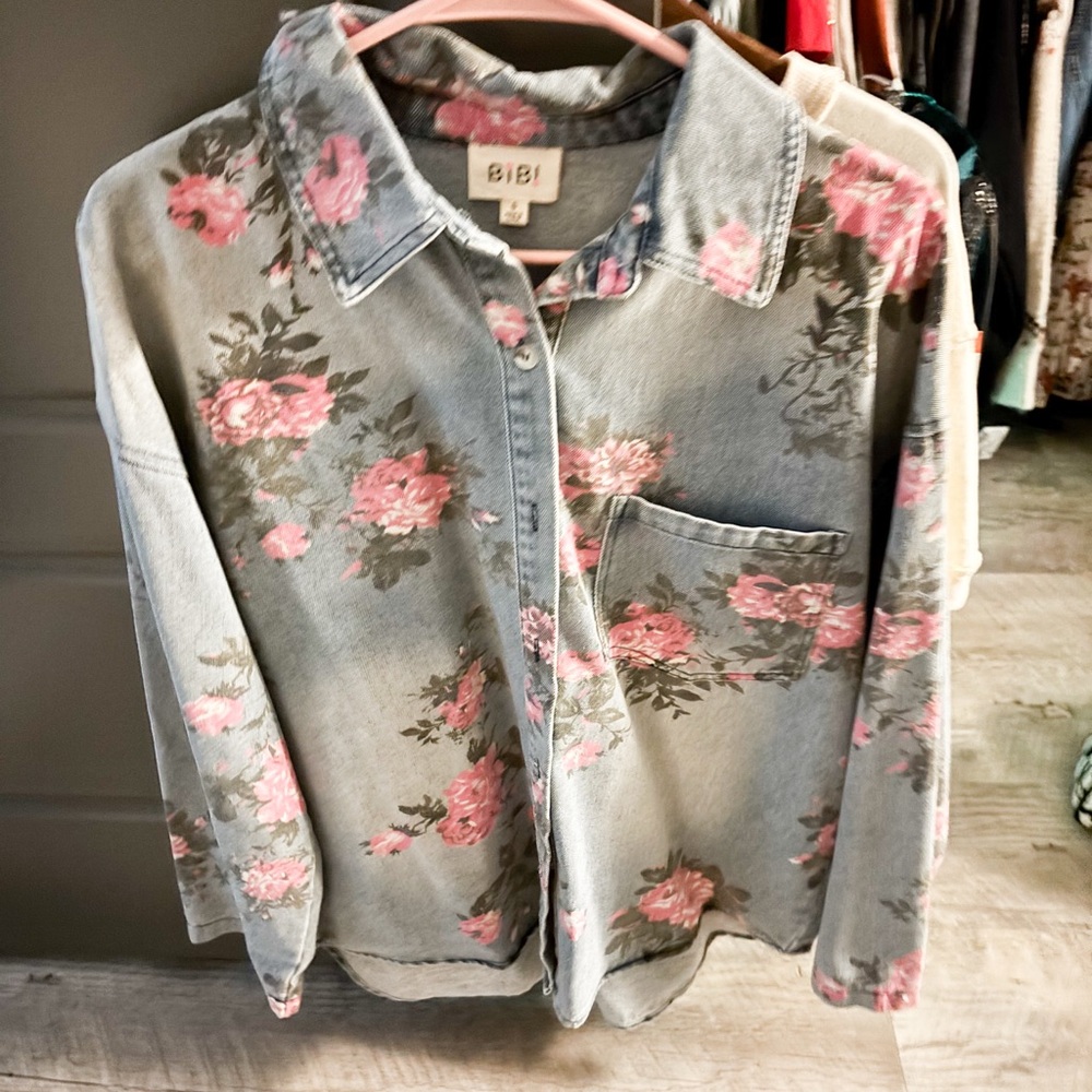 BiBi Pink Floral Light Blue Denim Shirt/Shacket